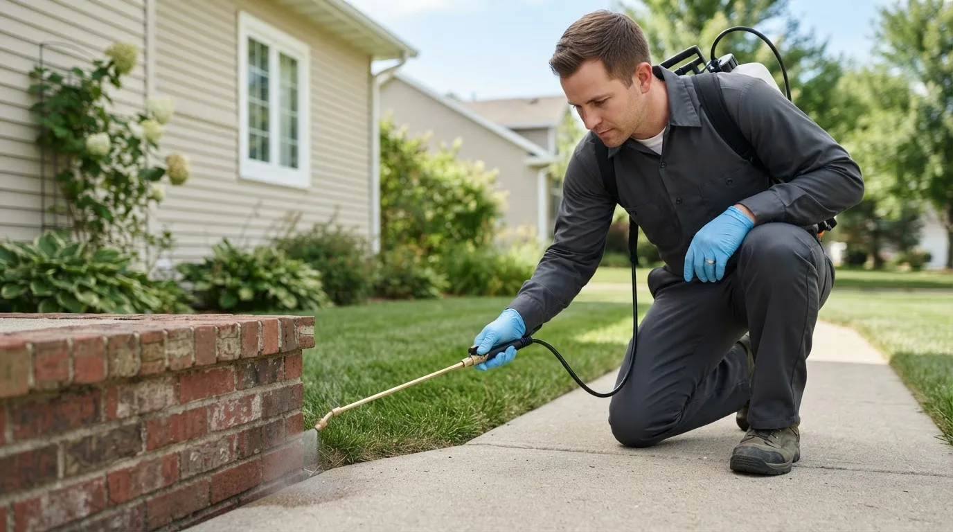Pest control technician treating a home near Harlan, IA